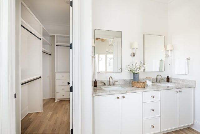 bathroom with hardwood / wood-style flooring and vanity