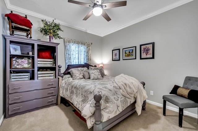 bedroom with light carpet, ceiling fan, and ornamental molding