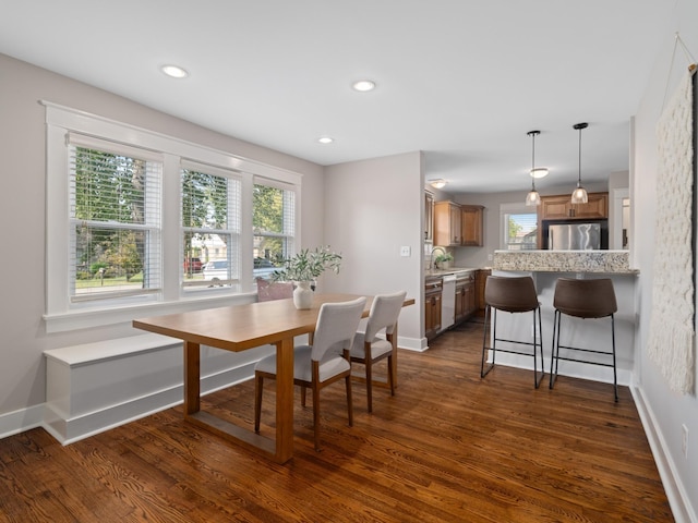 dining space with sink and dark hardwood / wood-style floors