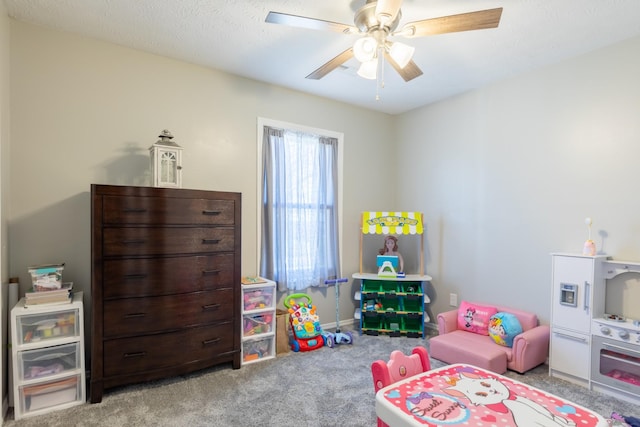 rec room featuring ceiling fan and light carpet