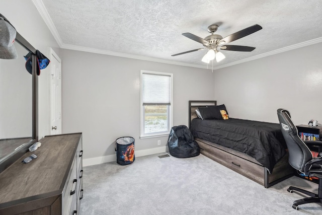 bedroom featuring ceiling fan, ornamental molding, light carpet, and a textured ceiling