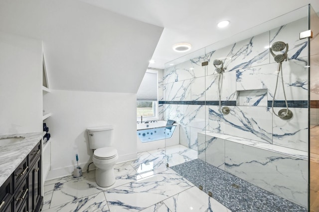 full bathroom with toilet, lofted ceiling, independent shower and bath, and vanity