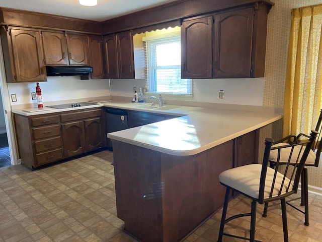 kitchen featuring kitchen peninsula, dark brown cabinetry, black electric stovetop, and sink