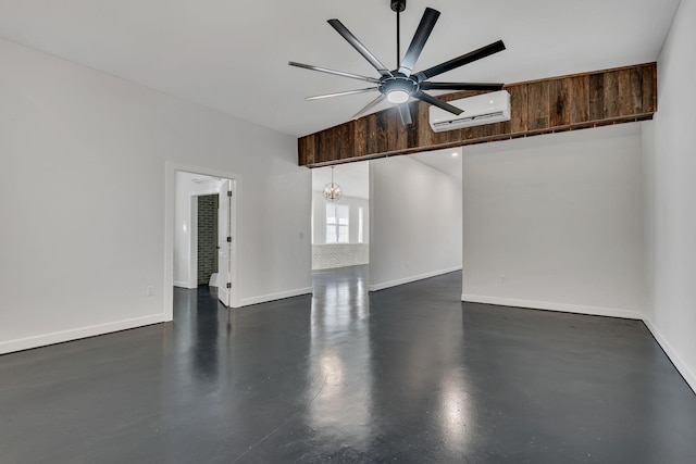 empty room featuring a wall mounted air conditioner and ceiling fan with notable chandelier