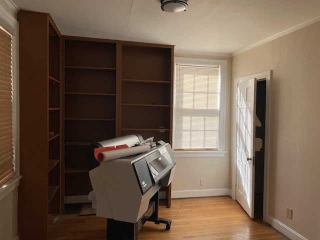 office featuring light wood-type flooring and crown molding