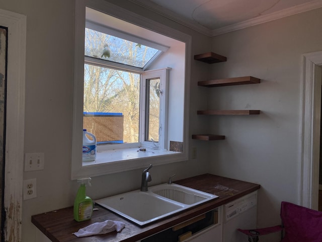 kitchen featuring white dishwasher, ornamental molding, and sink