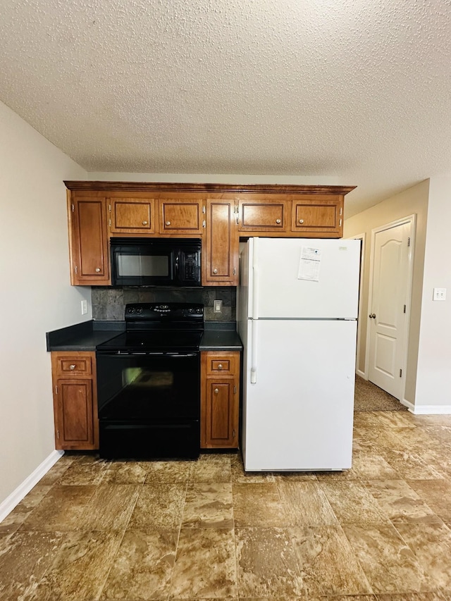 kitchen featuring backsplash, a textured ceiling, and black appliances