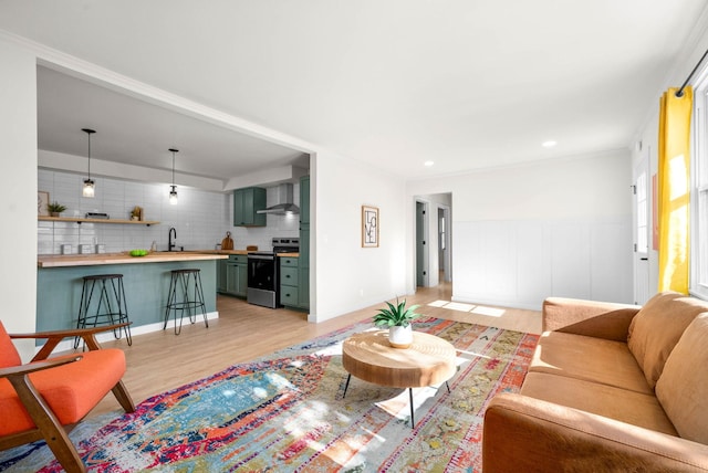 living room with light hardwood / wood-style floors and sink