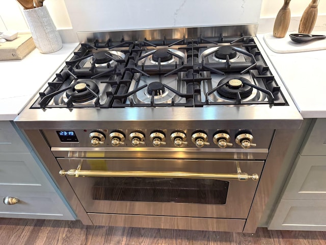 room details with gray cabinets and high end stainless steel range