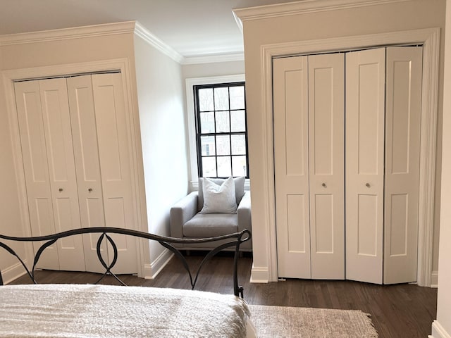 bedroom featuring crown molding and dark wood-type flooring