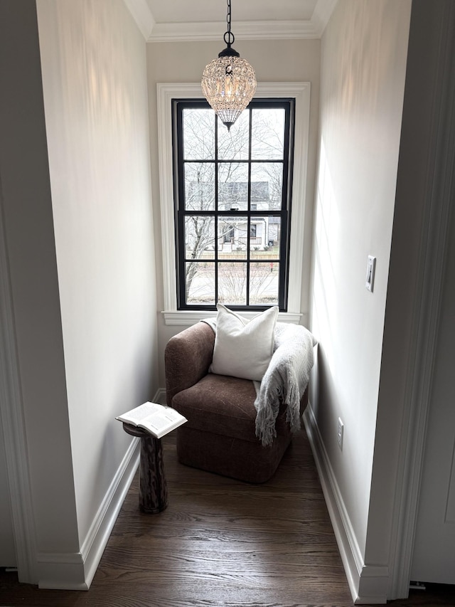 sitting room with ornamental molding and dark hardwood / wood-style flooring