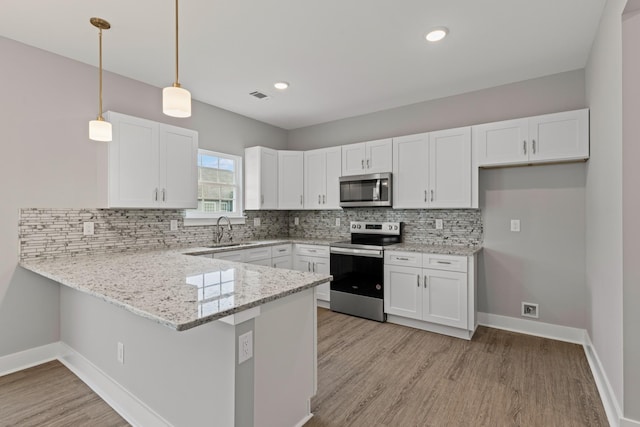 kitchen featuring kitchen peninsula, hanging light fixtures, white cabinetry, appliances with stainless steel finishes, and sink