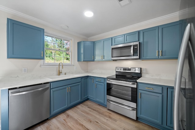 kitchen featuring blue cabinets, stainless steel appliances, light wood-type flooring, and sink