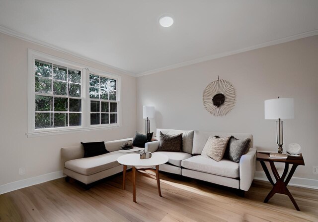 living room featuring baseboards, ornamental molding, and light wood finished floors