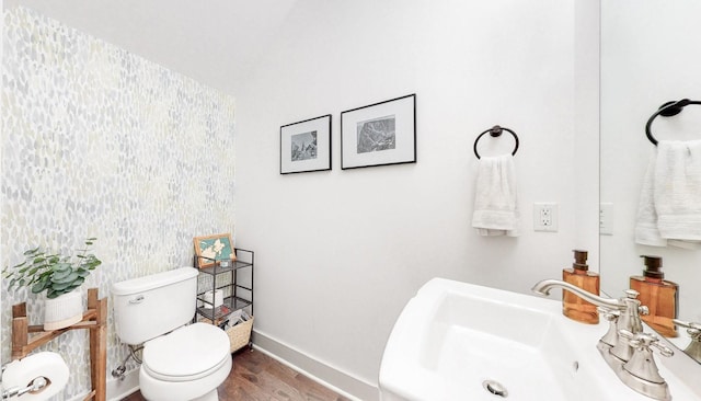 bathroom featuring toilet, wood-type flooring, and sink