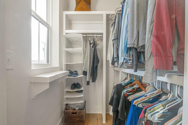 walk in closet with hardwood / wood-style flooring