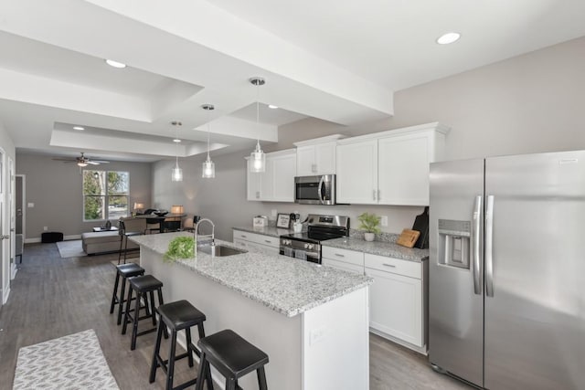 kitchen with pendant lighting, stainless steel appliances, an island with sink, a tray ceiling, and white cabinetry