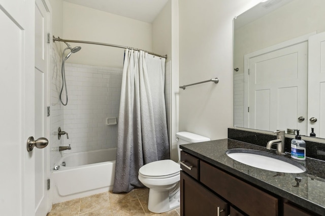 full bathroom with toilet, shower / tub combo, tile patterned flooring, and vanity