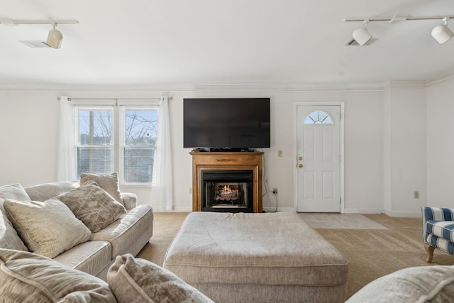 living room featuring crown molding, rail lighting, and light carpet