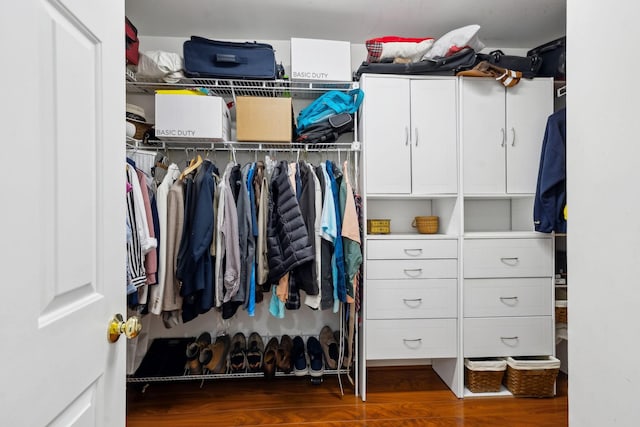 walk in closet with dark hardwood / wood-style flooring