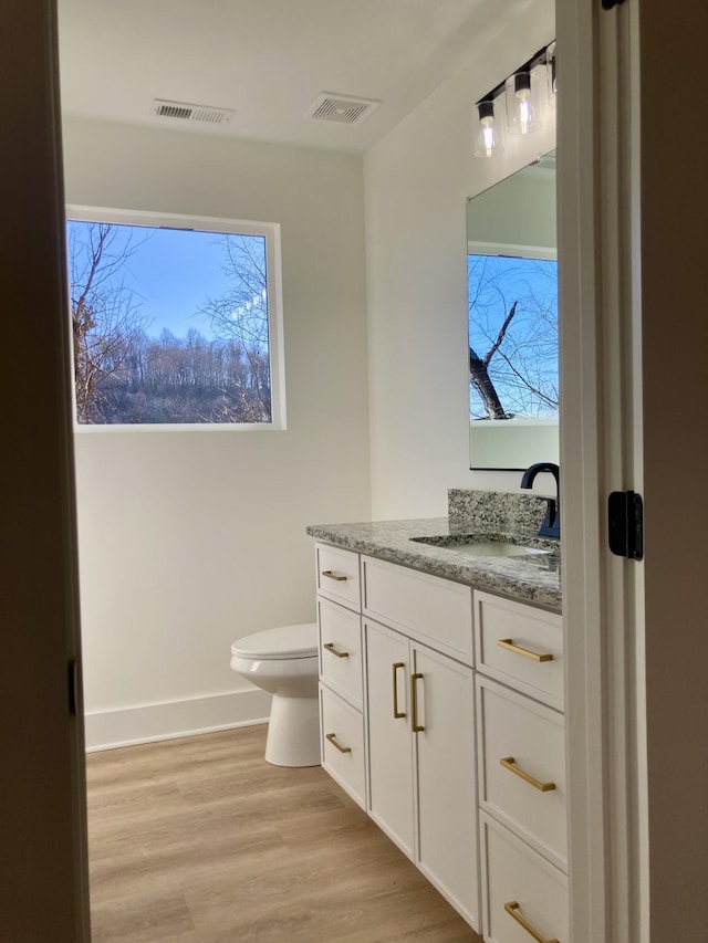 bathroom featuring toilet, vanity, and hardwood / wood-style floors