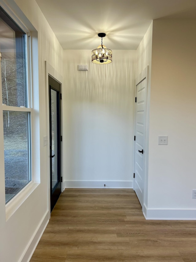 interior space featuring an inviting chandelier and wood-type flooring