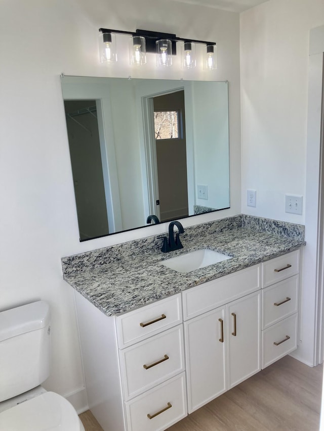 bathroom with toilet, hardwood / wood-style floors, and vanity