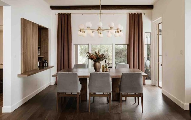 dining space with a notable chandelier, dark wood-type flooring, and beamed ceiling