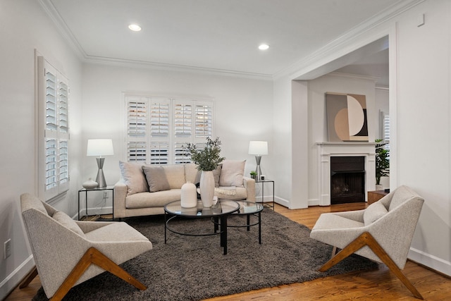 living room featuring ornamental molding and light hardwood / wood-style flooring