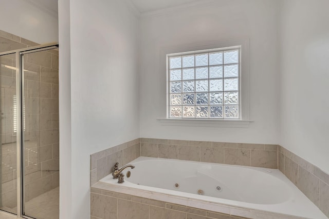 bathroom featuring plus walk in shower and crown molding