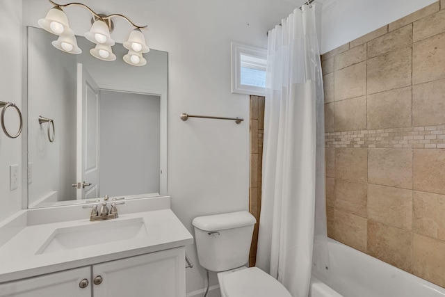 full bathroom featuring shower / bath combination with curtain, vanity, and toilet