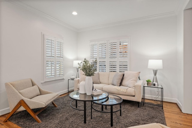 living room featuring hardwood / wood-style flooring and crown molding