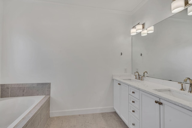 bathroom with a relaxing tiled tub, crown molding, and vanity