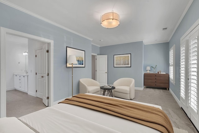 bedroom featuring ensuite bathroom, ornamental molding, access to exterior, and light carpet