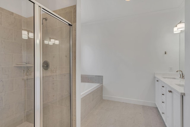 bathroom with vanity, tile patterned floors, ornamental molding, and independent shower and bath