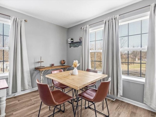 dining area with light hardwood / wood-style flooring and a healthy amount of sunlight