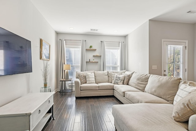 living room featuring plenty of natural light and dark hardwood / wood-style floors