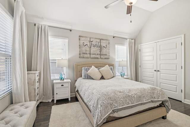 bedroom featuring ceiling fan, a closet, hardwood / wood-style flooring, and multiple windows