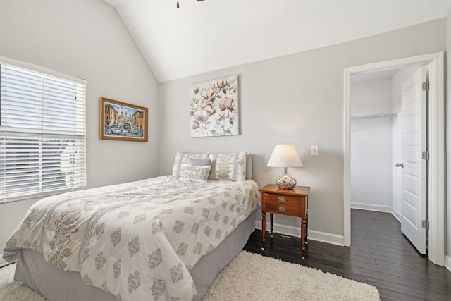 bedroom with a closet, a spacious closet, dark hardwood / wood-style flooring, and vaulted ceiling