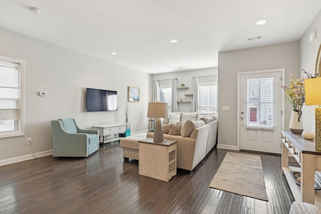 living room with dark hardwood / wood-style floors