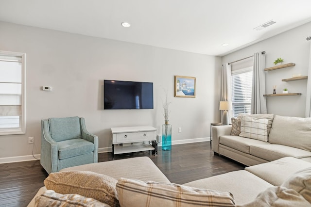 living room with dark wood-type flooring