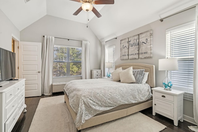 bedroom featuring ceiling fan, lofted ceiling, and dark hardwood / wood-style floors