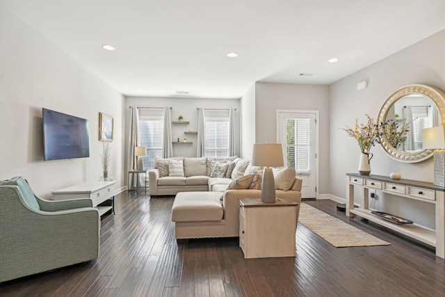 living room featuring dark hardwood / wood-style flooring and plenty of natural light