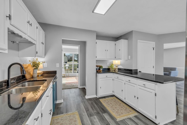 kitchen featuring white cabinetry, dark hardwood / wood-style flooring, sink, kitchen peninsula, and stainless steel dishwasher