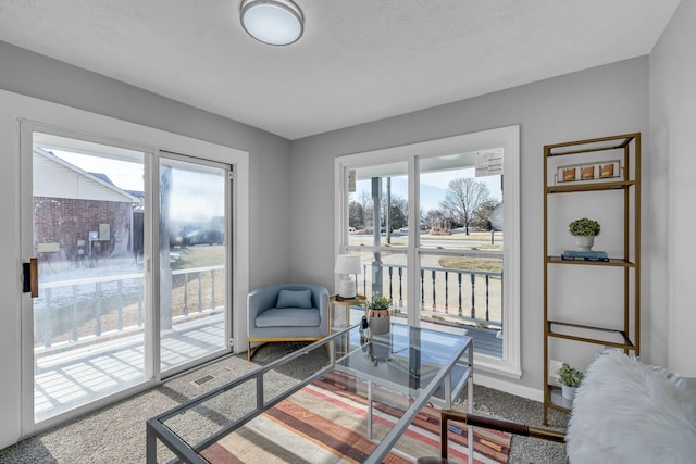 sitting room with a textured ceiling, carpet, and plenty of natural light