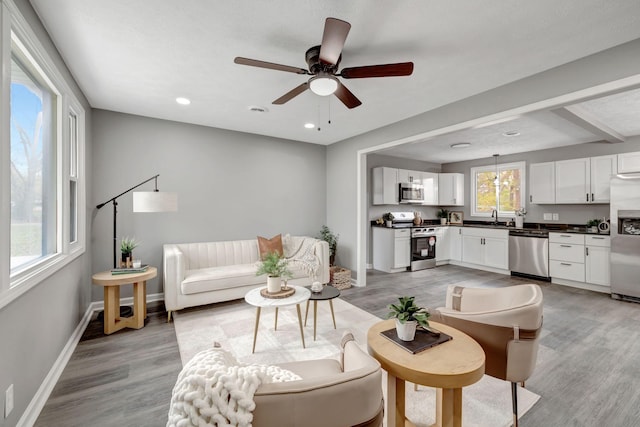 living room featuring light hardwood / wood-style floors, sink, and ceiling fan