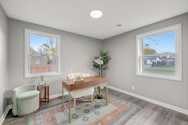 home office with hardwood / wood-style flooring