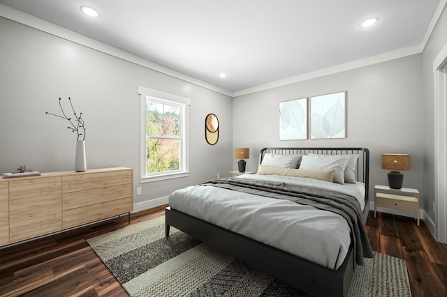 bedroom with dark wood-type flooring and ornamental molding