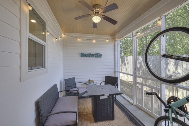 sunroom / solarium featuring ceiling fan and wooden ceiling