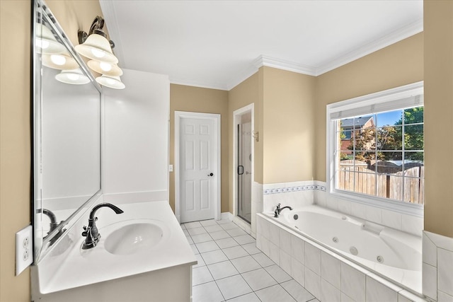 bathroom with vanity, independent shower and bath, tile patterned floors, and ornamental molding